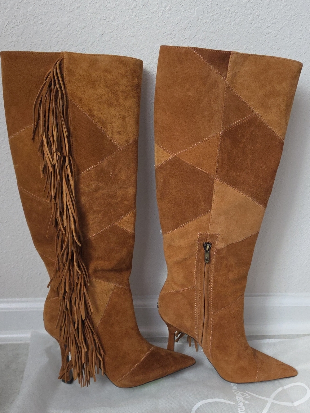 Sam Edelman Cognac Suede Fringe Patchwork Knee-High Boots